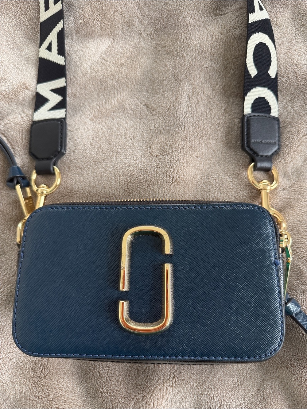 Marc Jacobs Navy Leather Snapshot Crossbody with Black Logo Strap